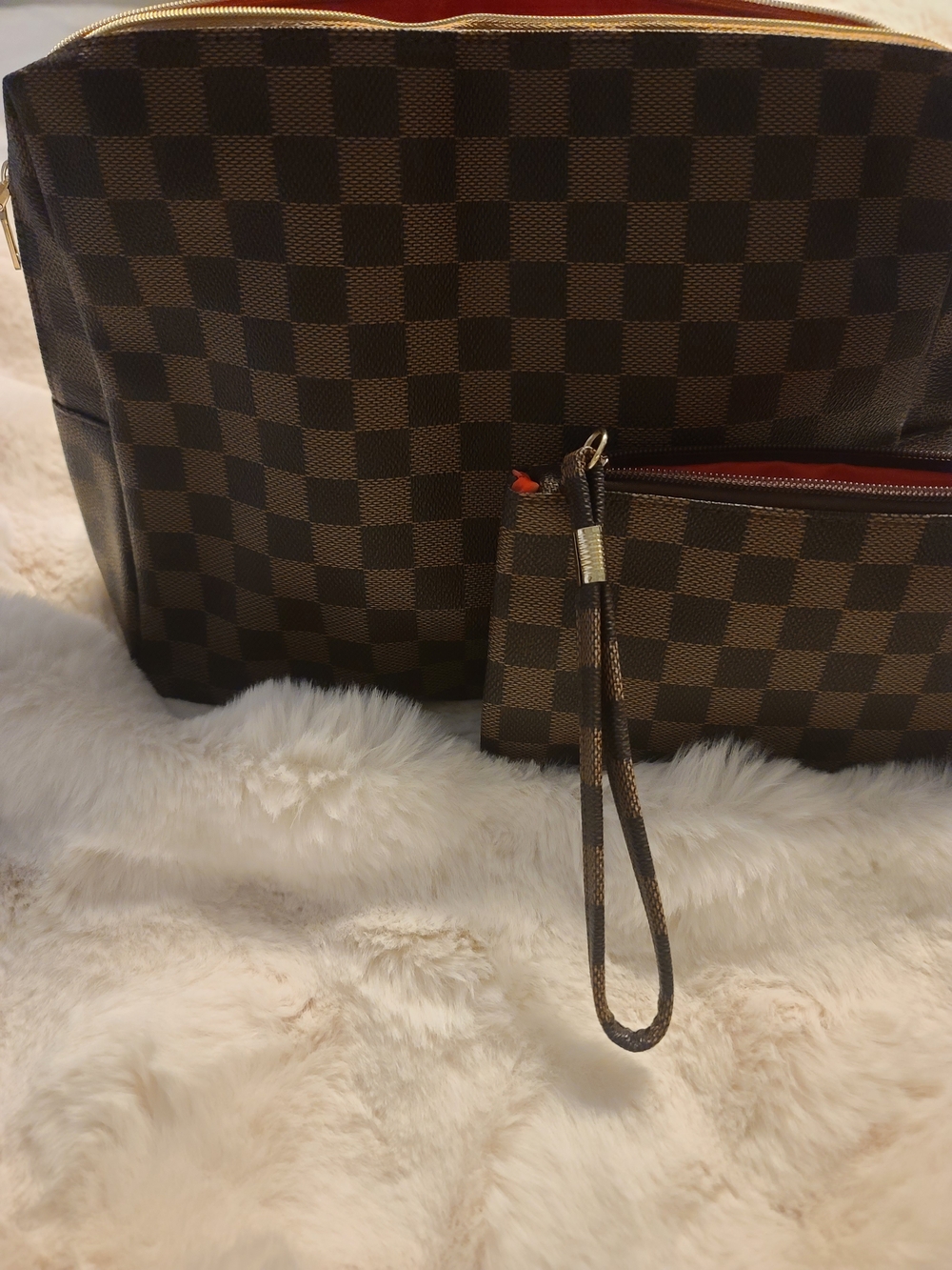 Brown Checkered Cosmetic Pouch Set with Wristlet - Picture 2 of 10